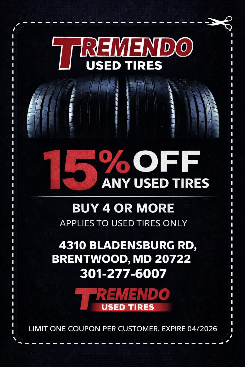 15% off used tires coupon